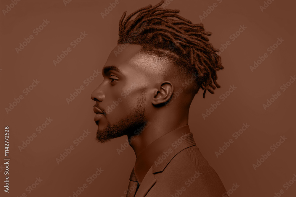 Obraz premium A stylish profile portrait of African fashion model man on mocha mousse brown background. Modern trendy tone hue shade