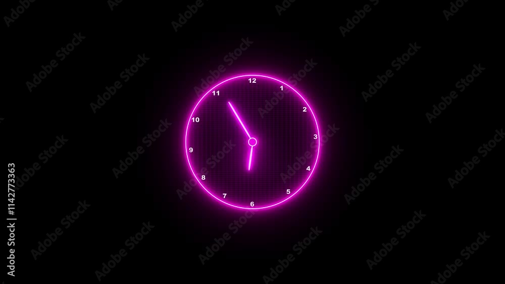 Glowing neon Clock icon animation with moving arrows and 24 hours day fast speed on black background. analog clock network animation. Wall clock video footage 12 hour
