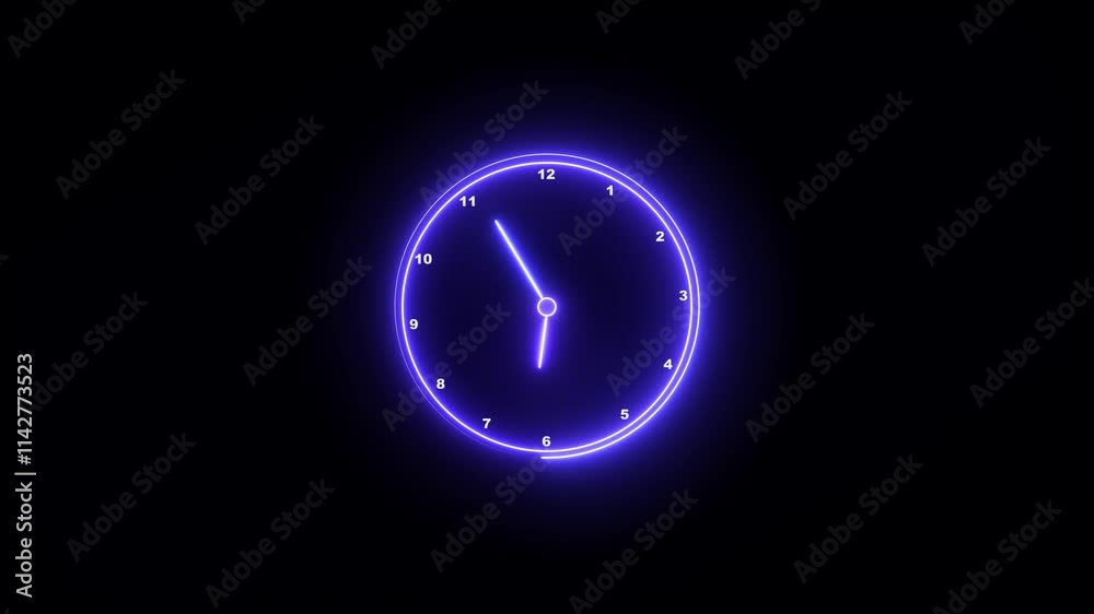 Glowing neon Clock icon animation with moving arrows and 24 hours day fast speed on black background. analog clock network animation. Wall clock video footage 12 hour