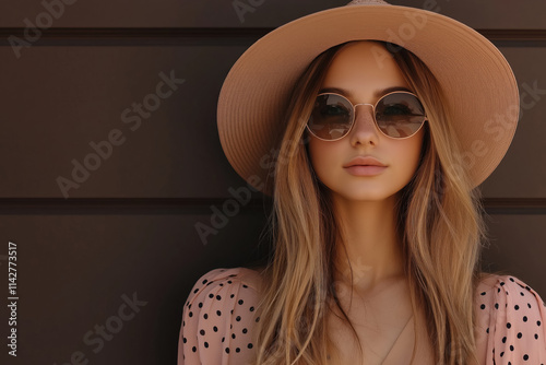 chic woman wearing a mocha polka dot dress and wide brimmed hat in soft mousse tones