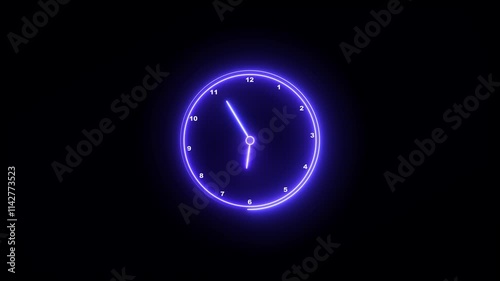 Glowing neon Clock icon animation with moving arrows and 24 hours day fast speed on black background. analog clock network animation. Wall clock video footage 12 hour