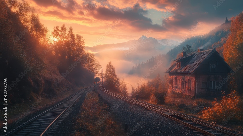 Scenic steam train journey through autumn landscape in the mountains at golden hour Scenic steam train journey through autumn landscape in the mountains at golden hour