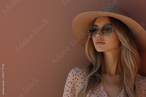 chic woman wearing a mocha polka dot dress and wide brimmed hat in soft mousse tones