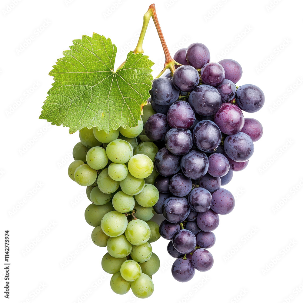 Fototapeta premium Fresh Green and Purple Grapes with Leaves Isolated on White Background for Healthy Food Concepts