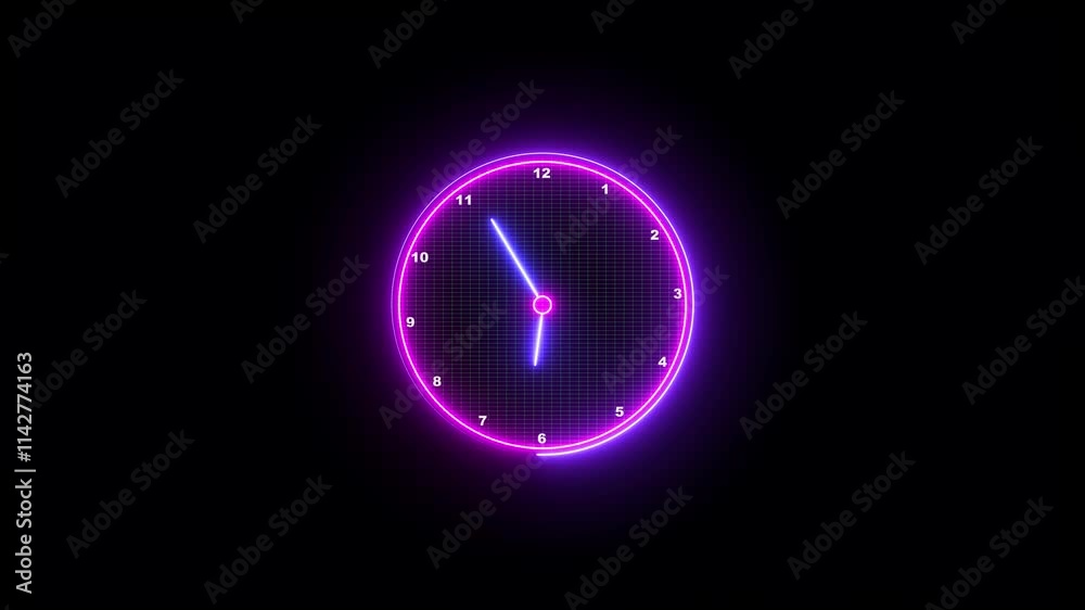 Glowing neon Clock icon animation with moving arrows and 24 hours day fast speed on black background. analog clock network animation. Wall clock video footage 12 hour