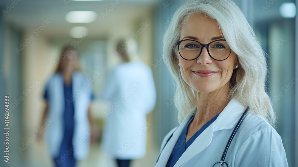 Close-up portrait of a smiling, middle-aged female doctor wearing glasses and a white coat in a hospital or clinic. Close-up portrait of a smiling, middle-aged female doctor wearing glasses and a white coat in a hospital or clinic.