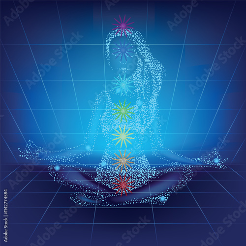 A woman meditates in the lotus position. Designation of chakras, yoga. Neon vector illustration