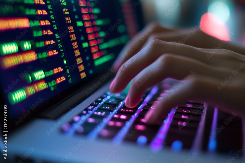 A close-up view of hands typing on a laptop illuminated by colorful data streams. It conveys the essence of coding and digital technology. Generative AI A close-up view of hands typing on a laptop illuminated by colorful data streams. It conveys the essence of coding and digital technology. Generative AI