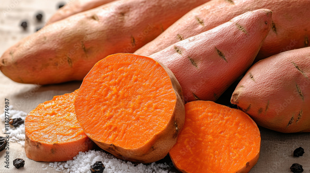 Fresh sweet potatoes with vibrant orange flesh, cut and whole, surrounded by salt and black pepper. Perfect for healthy meals and recipes Fresh sweet potatoes with vibrant orange flesh, cut and whole, surrounded by salt and black pepper. Perfect for healthy meals and recipes