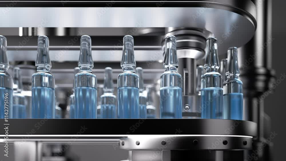 Pharmaceutical production macro. Glass ampoules with blue liquid moving on automatic conveyor line. Drug manufacturing. Looping 3D render Pharmaceutical production macro. Glass ampoules with blue liquid moving on automatic conveyor line. Drug manufacturing. Looping 3D render