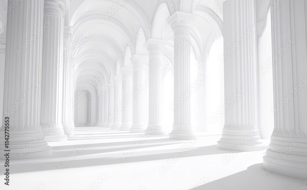 Sunlit white classical colonnade hall interior. Sunlit white classical colonnade hall interior.