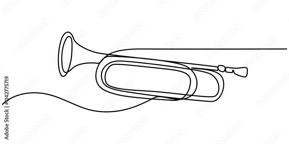 Obraz premium Trombone continuous one line drawing pro vector illustration, Thin line icon of trombone music instrument on white background, Thin line icon of a trumpet music instrument on white background. 
