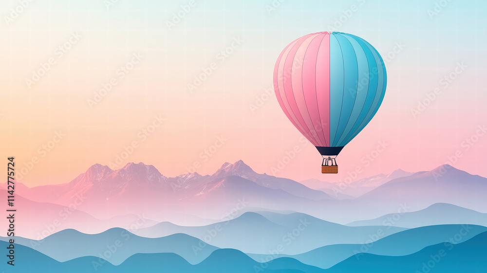 colorful hot air balloon floats gracefully above serene mountains at sunset, creating tranquil and picturesque scene. soft pastel colors enhance peaceful atmosphere colorful hot air balloon floats gracefully above serene mountains at sunset, creating tranquil and picturesque scene. soft pastel colors enhance peaceful atmosphere