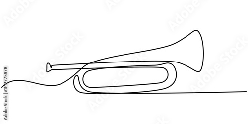 Trombone continuous one line drawing pro vector illustration, Thin line icon of trombone music instrument on white background, Thin line icon of a trumpet music instrument on white background.      