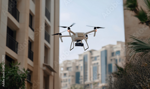 Wide-angle low shot of delivery drone flying between skyscrapers photo