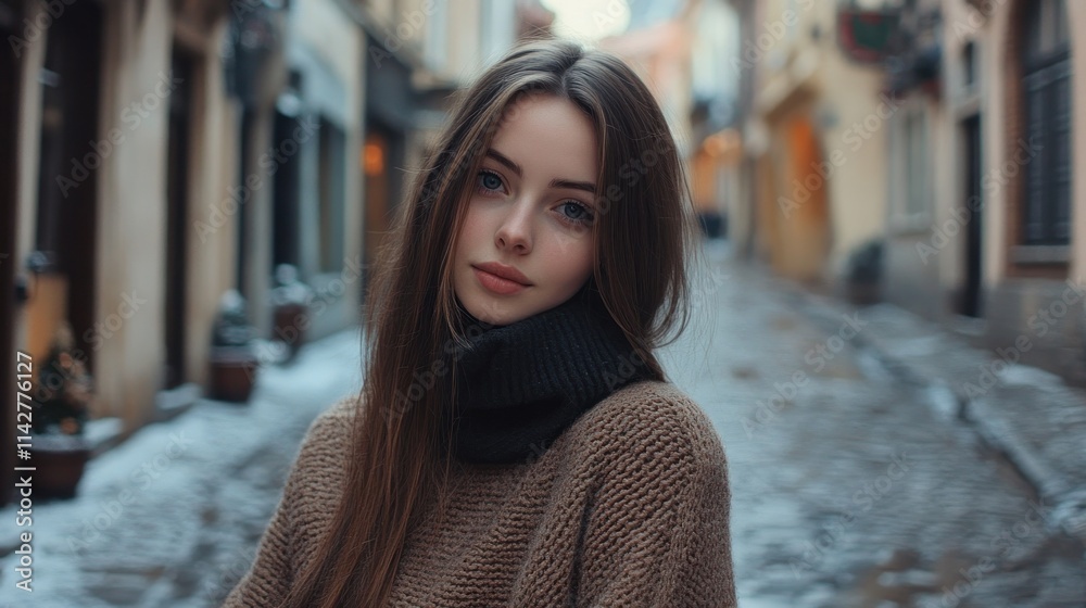 A young woman in a cozy sweater stands in a snow-covered, narrow street. A young woman in a cozy sweater stands in a snow-covered, narrow street.