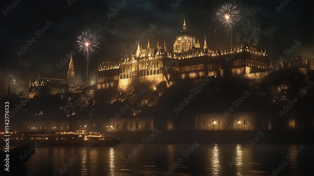 Obraz premium Budapest castle at night with fireworks