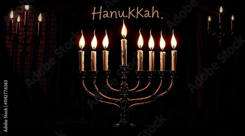 High-angle perspective illustration of a Menorah with nine lit candles in a festive setting. Happy Hanukkah greeting. Bright lens flare, elevated viewpoint, light streaks, vibrant colors