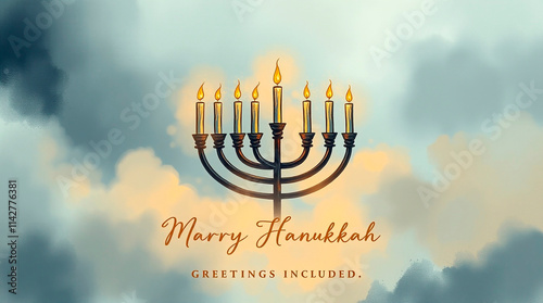 High-angle perspective illustration of a Menorah with nine lit candles in a festive setting. Happy Hanukkah greeting. Bright lens flare, elevated viewpoint, light streaks, vibrant colors