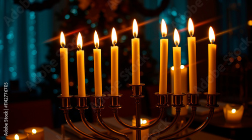 High-angle perspective illustration of a Menorah with nine lit candles in a festive setting. Happy Hanukkah greeting. Bright lens flare, elevated viewpoint, light streaks, vibrant colors