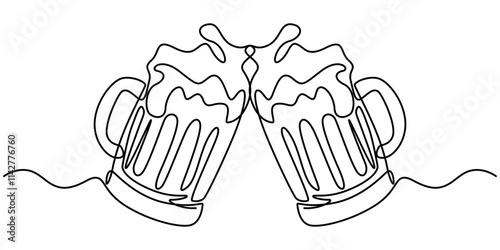 Continuous line drawing two glasses of bear clinking. Beer spray. Vector illustration, Two glasses of beer one line continuous. Line art glasses of beer. Hand drawn vector art, Craft drink alcohol. 