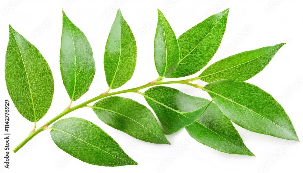 Verdant willow branch spreading delicate green leaves, highlighting natural elegance against pristine white background Verdant willow branch spreading delicate green leaves, highlighting natural elegance against pristine white background