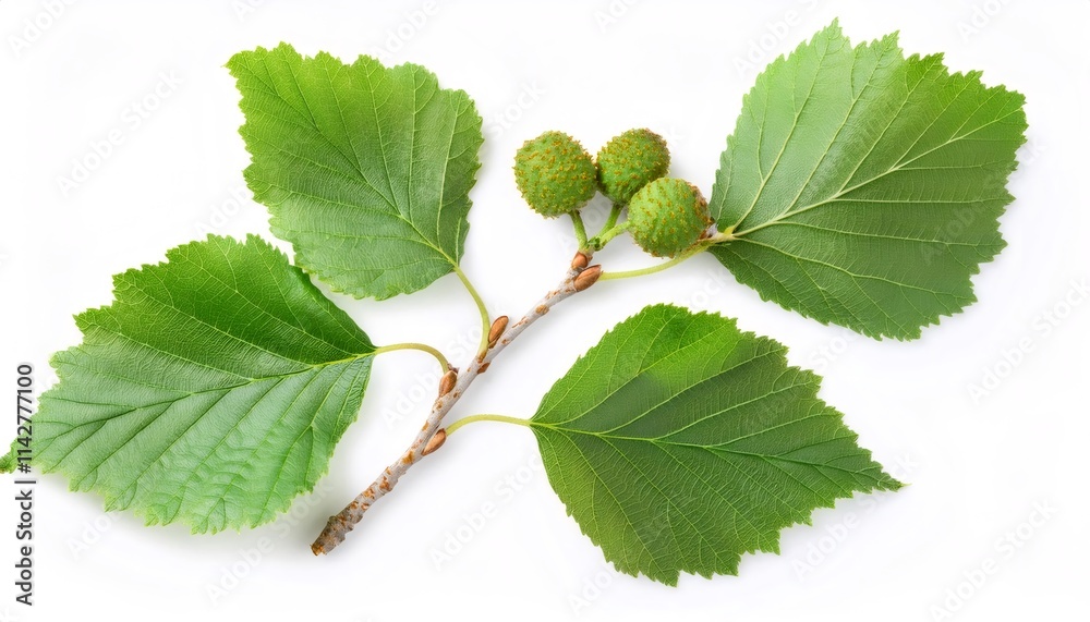 Fototapeta premium Studio shot featuring an alder tree branch with vibrant green leaves and cones, isolated against a clean white background
