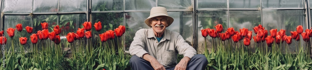 Elderly Man Relaxing in Lush Garden with Greenhouse and Vibrant Flowers Elderly Man Relaxing in Lush Garden with Greenhouse and Vibrant Flowers