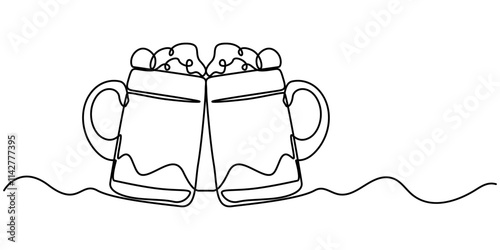 Continuous line drawing two glasses of bear clinking. Beer spray. Vector illustration, Two glasses of beer one line continuous. Line art glasses of beer. Hand drawn vector art, Craft drink alcohol. 