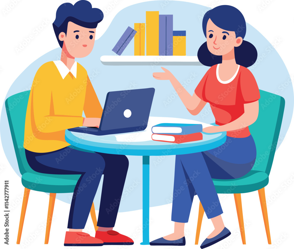 Partners meeting for business discussion with documents and laptop on desk. Couple at round table, speaking, discussing work, partnership. Flat vector on a white background Partners meeting for business discussion with documents and laptop on desk. Couple at round table, speaking, discussing work, partnership. Flat vector on a white background