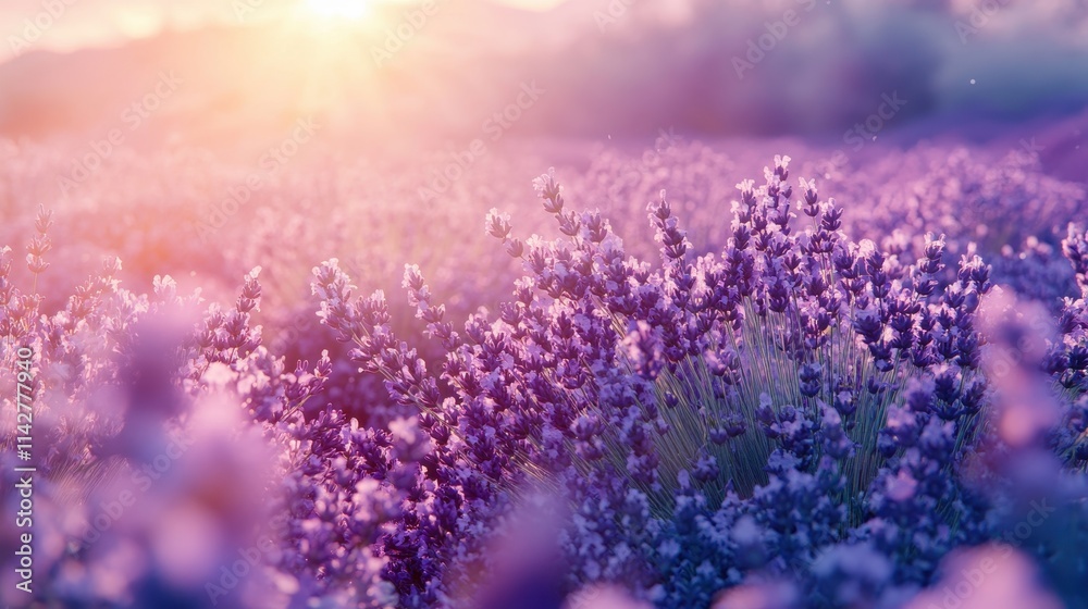 Naklejka premium Lavender fields bloom at sunset in a tranquil landscape of vibrant purple hues and soft sunlight