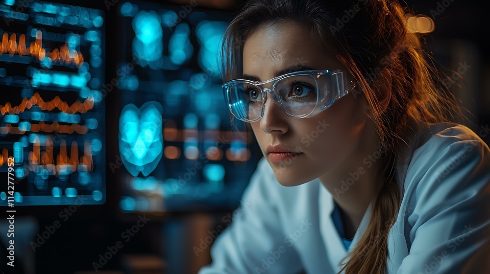 A cardiologist analyzing heart rate data from a wearable device in a high-tech lab A cardiologist analyzing heart rate data from a wearable device in a high-tech lab