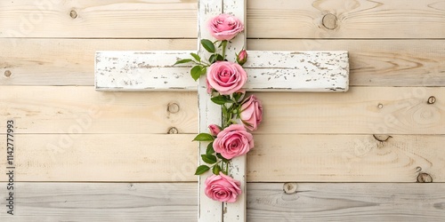  Rustic white cross adorned with pink roses on a wooden background. A symbolic and serene Easter scene perfect for religious or spring-themed designs with copy space.