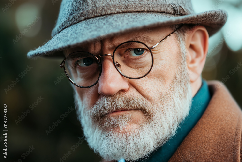 portrait of an elderly detective with glasses and a hat portrait of an elderly detective with glasses and a hat