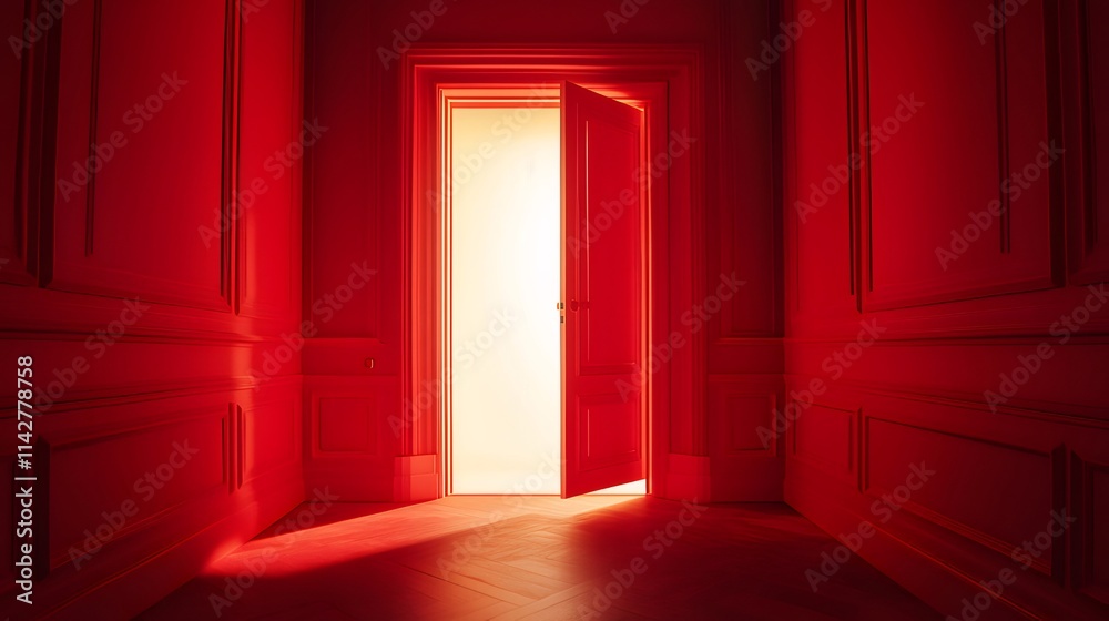 Red room with open door, light shining through. Red room with open door, light shining through.
