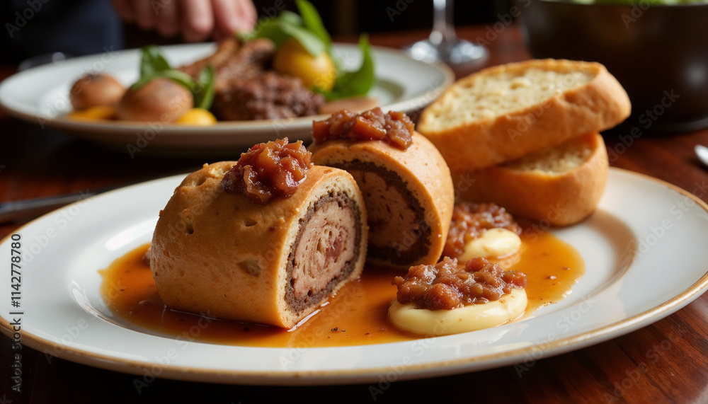 Savory meat pie filled with minced meat and served with gravy on a white plate Savory meat pie filled with minced meat and served with gravy on a white plate