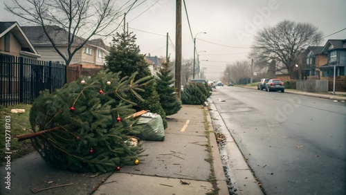  Abandoned Christmas trees with ornaments left on a residential curbside after holidays, under a gray winter sky. photo