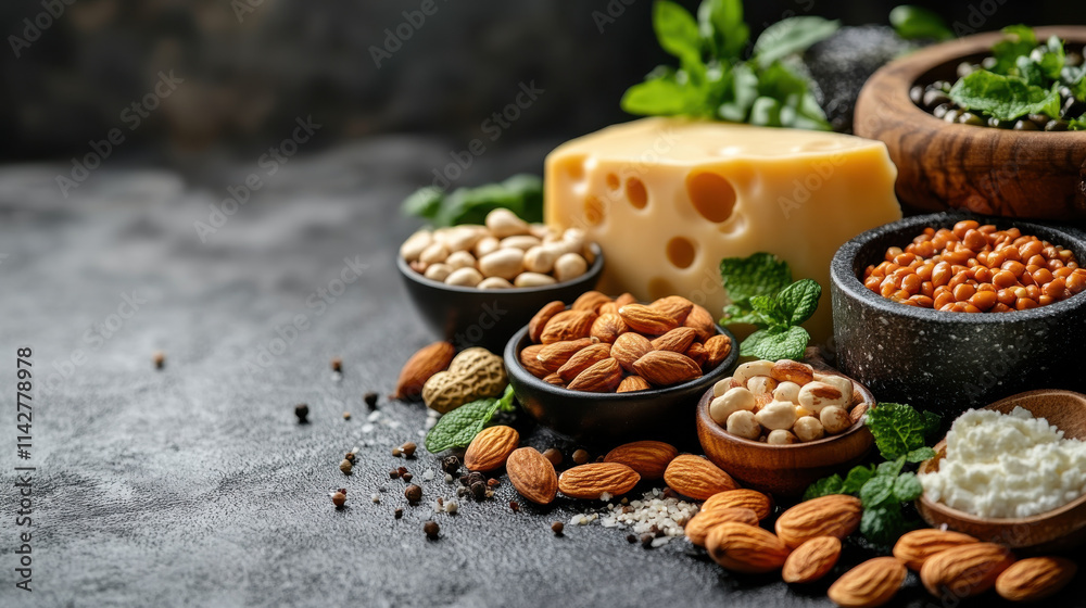 Delicious assortment of nuts, cheese, and lentils on dark surface, garnished with fresh mint leaves, creating vibrant and appetizing display Delicious assortment of nuts, cheese, and lentils on dark surface, garnished with fresh mint leaves, creating vibrant and appetizing display