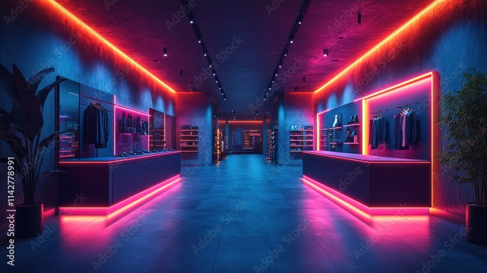Neon-lit modern clothing store interior at night. Neon-lit modern clothing store interior at night.