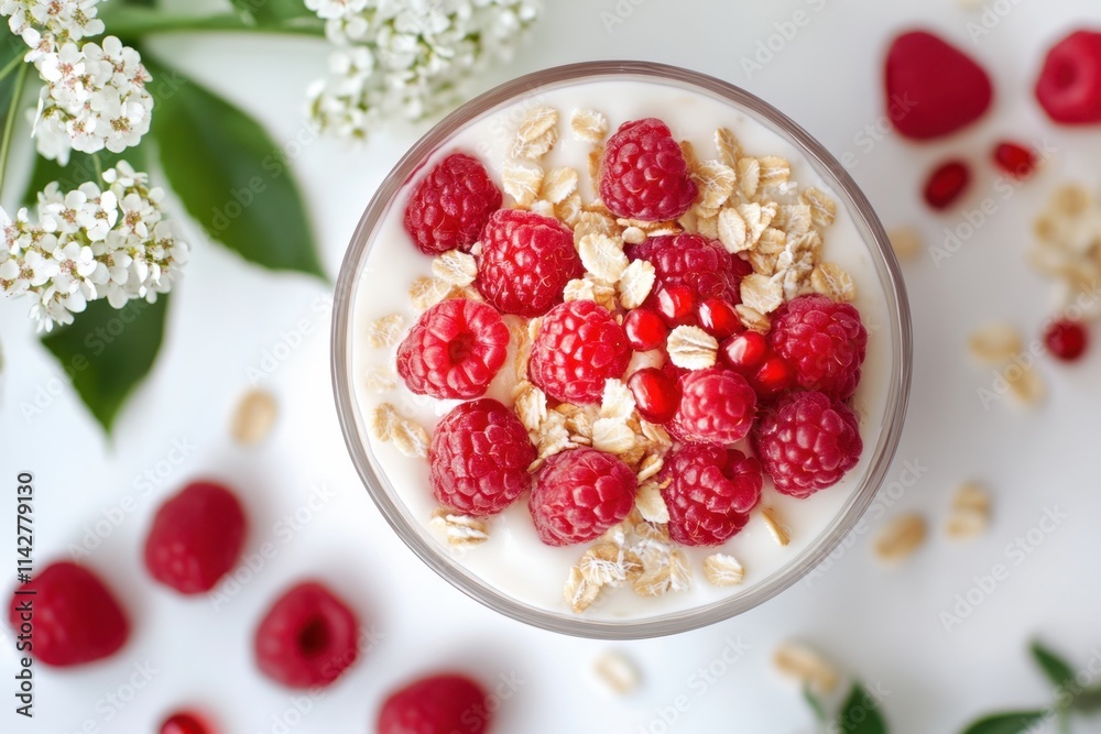 Fresh raspberry yogurt parfait topped with granola and pomegranate seeds in natural lighting Fresh raspberry yogurt parfait topped with granola and pomegranate seeds in natural lighting