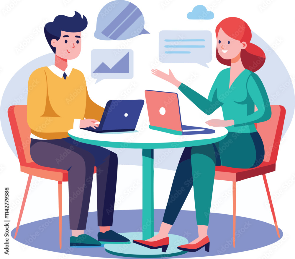 Partners meeting for business discussion with documents and laptop on desk. Couple at round table, speaking, discussing work, partnership. Flat vector on a white background Partners meeting for business discussion with documents and laptop on desk. Couple at round table, speaking, discussing work, partnership. Flat vector on a white background
