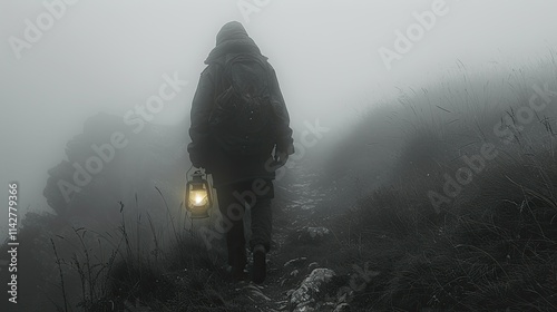 A figure walks through a foggy landscape, holding a lantern to illuminate the path ahead.