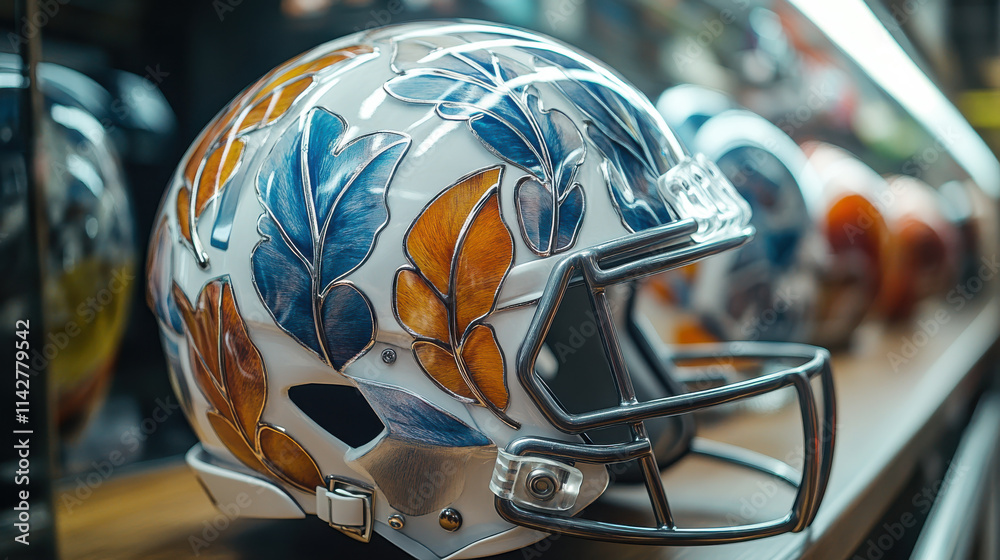 Fototapeta premium decorative football helmet featuring intricate leaf designs in blue and orange colors, displayed on shelf among other helmets, showcasing unique artistry and craftsmanship