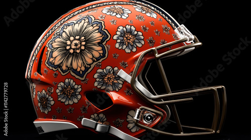 vibrant football helmet featuring intricate floral designs in orange and gold. unique artwork adds creative touch to traditional sports gear, showcasing artistry in athletics photo