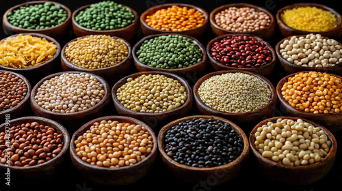 Wallpaper Mural vibrant display of various legumes and grains in wooden bowls, showcasing rich assortment of colors and textures. This captures essence of healthy eating and culinary diversity Torontodigital.ca