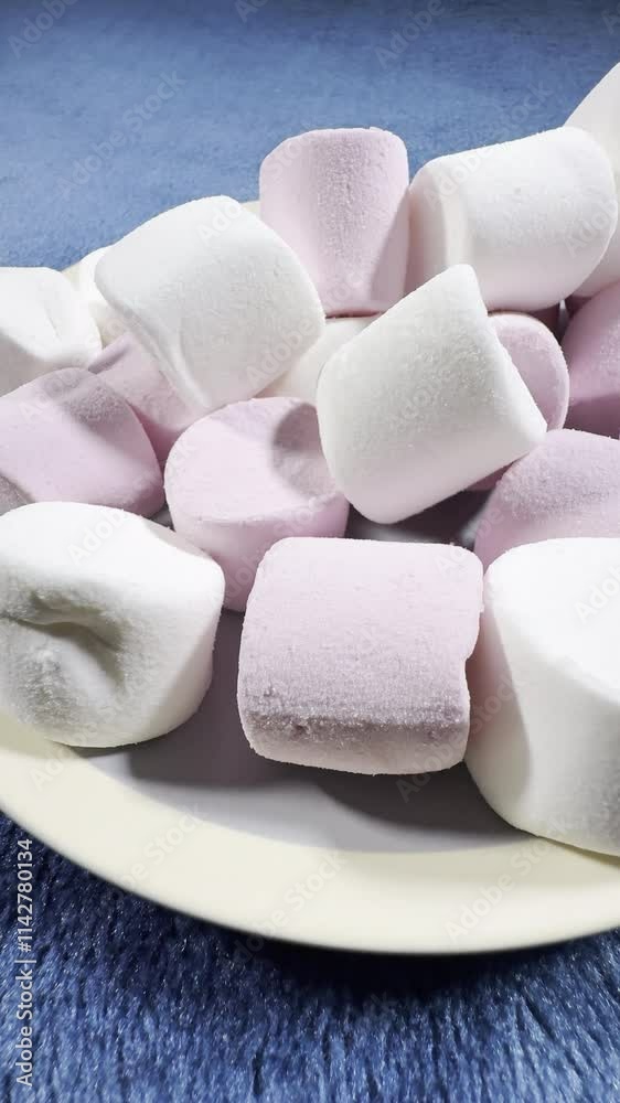 Vertical video social media - Macro closeup slow dolly shot of a pile of soft pieces of barrel shaped, pink and white marshmallow confectionery candy, on a plate. Vertical video social media - Macro closeup slow dolly shot of a pile of soft pieces of barrel shaped, pink and white marshmallow confectionery candy, on a plate.