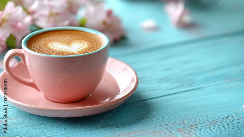 pink cup of coffee with heart shaped latte art sits on turquoise wooden table, surrounded by soft pink flowers, creating serene and inviting atmosphere pink cup of coffee with heart shaped latte art sits on turquoise wooden table, surrounded by soft pink flowers, creating serene and inviting atmosphere