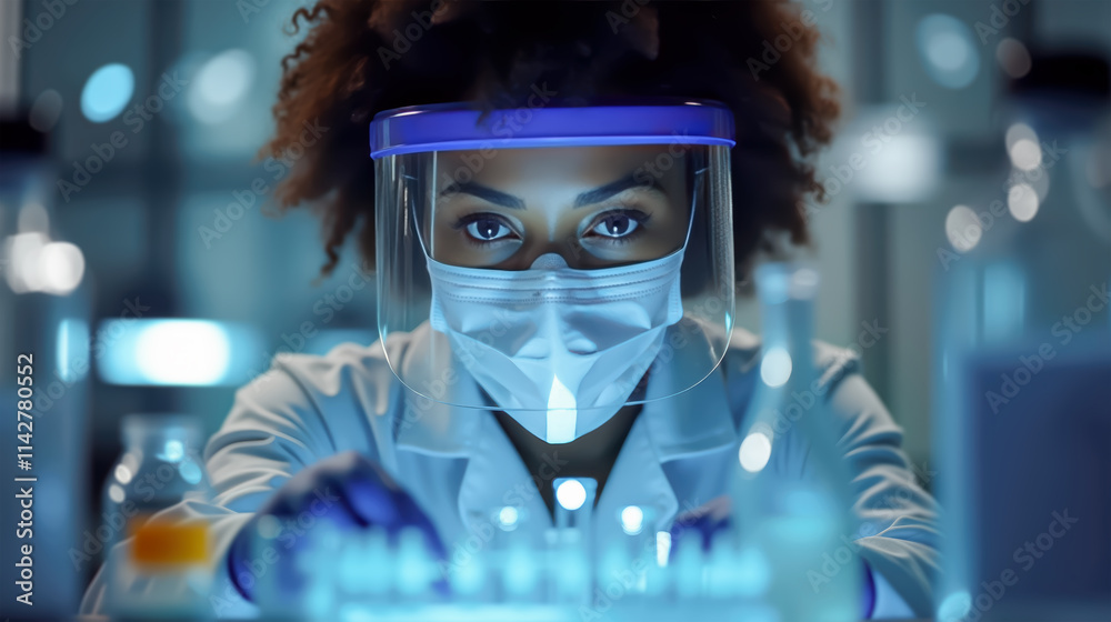 Close-up of a female researcher with protective mask and white coat manipulating samples in a research laboratory. Female scientist with mask and visor working in modern medical research laboratory.
Close-up of a female researcher with protective mask and white coat manipulating samples in a research laboratory. Female scientist with mask and visor working in modern medical research laboratory.