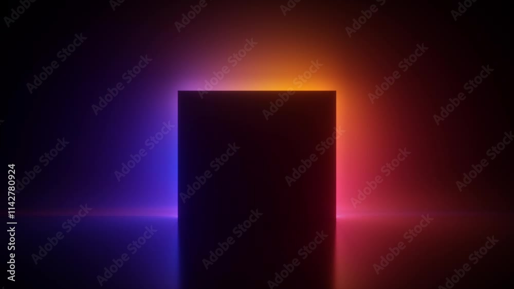 looped 3D animation of a black geometric silhouette lit from behind by smoothly changing neon colors. Blank square frame with copy space. Soothing and relaxing atmosphere. Meditation vibe looped 3D animation of a black geometric silhouette lit from behind by smoothly changing neon colors. Blank square frame with copy space. Soothing and relaxing atmosphere. Meditation vibe