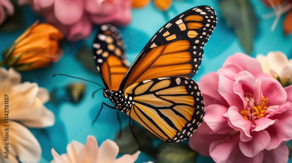 Obraz premium Colorful butterfly resting on vibrant orange flowers in a lush garden during midday sunlight